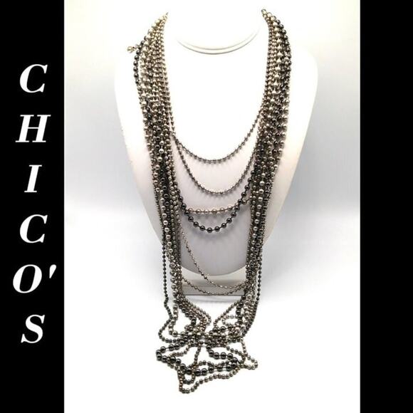 Chico's Silver Tone Metal Beaded Necklace, 12 Layered Strands, 23 Inches - Picture 1 of 9